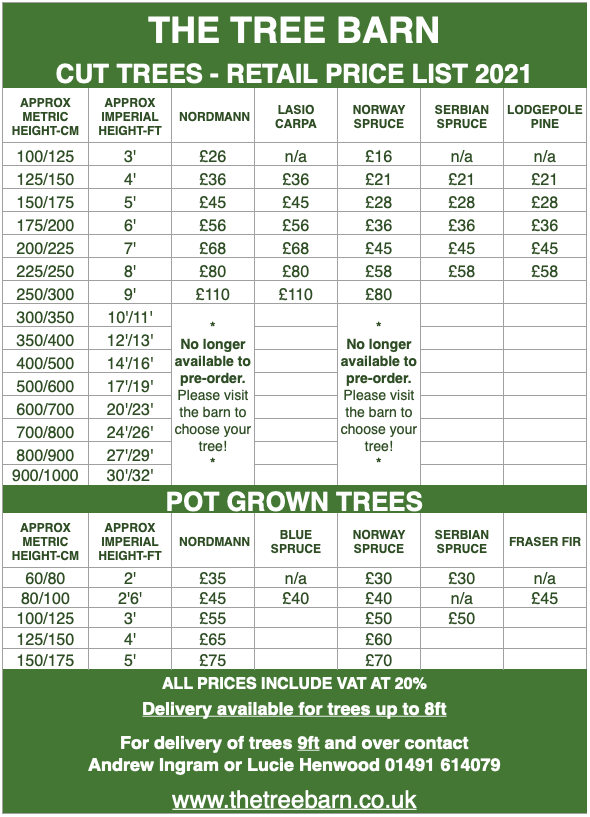 The Tree Barn Price List